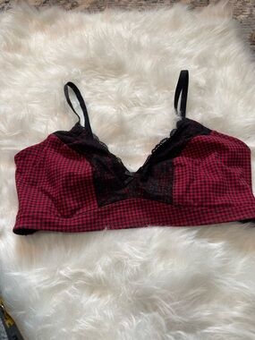 George Red Gingham Bralette with Black Lace Trim